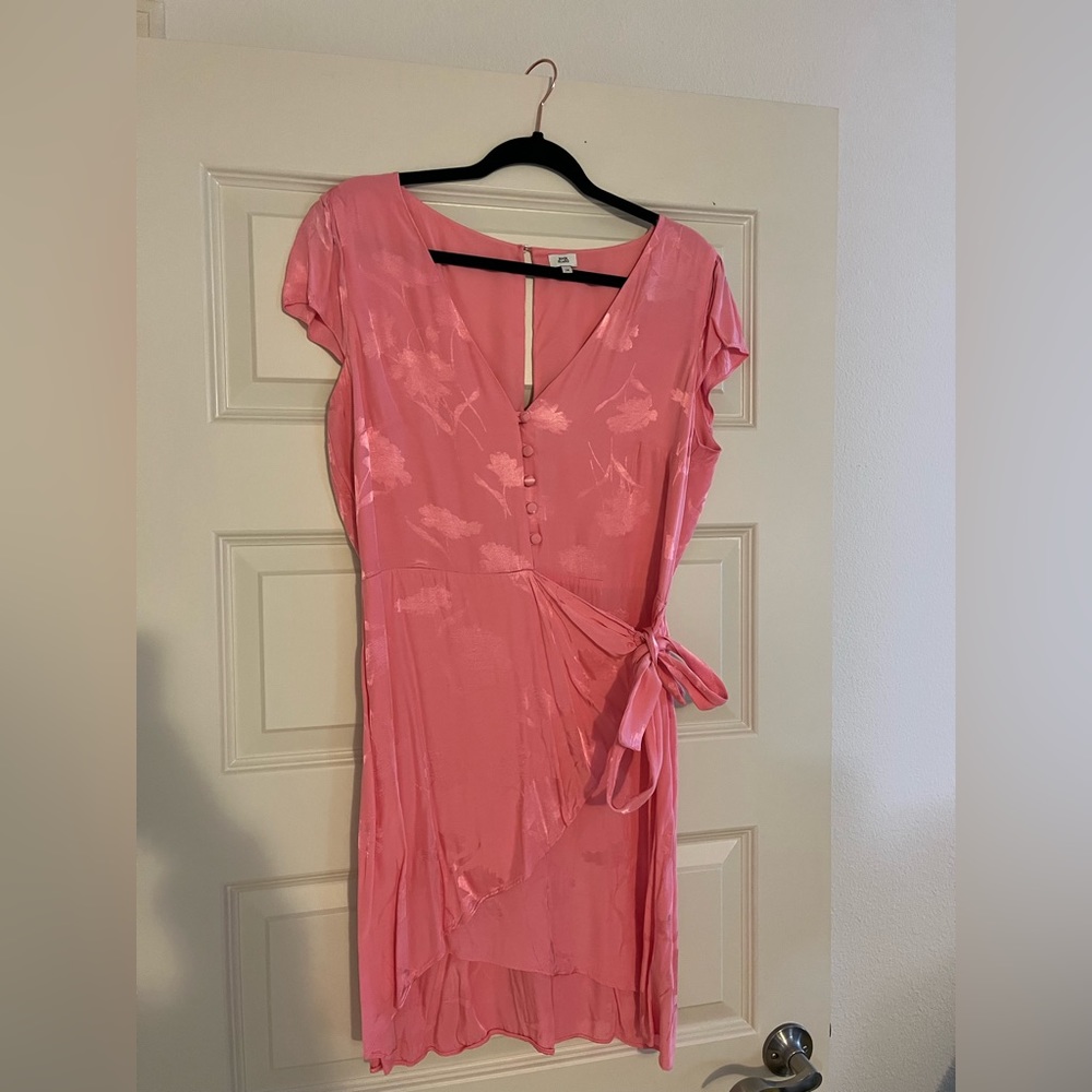 River Island Pink Silk mini dress, elastic waist, button at neck, tie waist